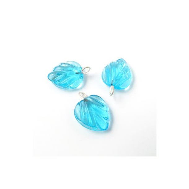 Glass charm, leaf w. eye, light blue, 16x12mm.