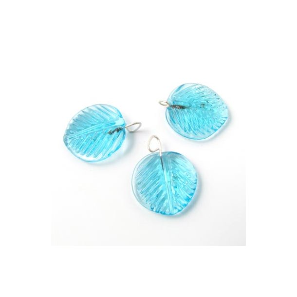 Glass charm, leaf w. eye, light blue, 18x15mm.