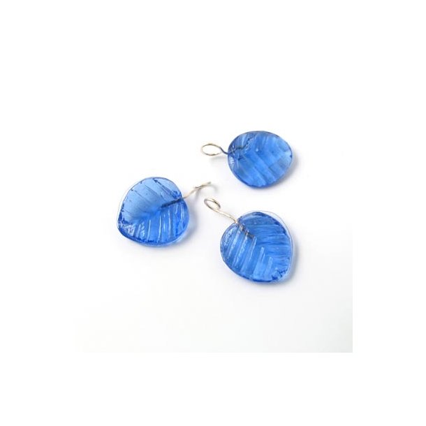 6pcs. Glass charm, blue leaf w. eye, blue, 14x10mm.