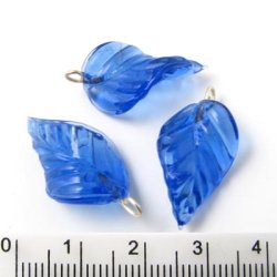 Glas-Anhnger, Blatt, mit se, blau, 22x13 mm, 6 Stk.