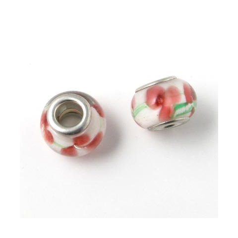 Glasperle, hvid m. rd blomst, 13x9 mm.