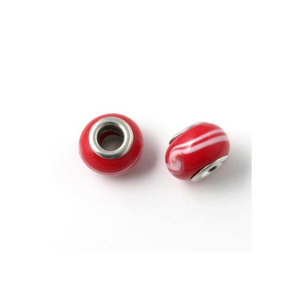 1 Stk.,Glasperle, rot, mit wei&szlig;en Streifen, 13x9 mm