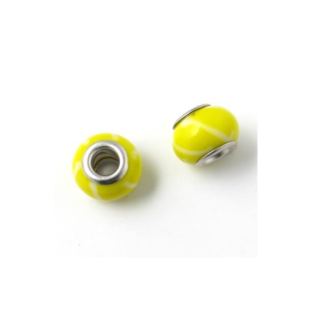 Glasperle, gelb, mit wei&szlig;en Streifen, 13x9 mm