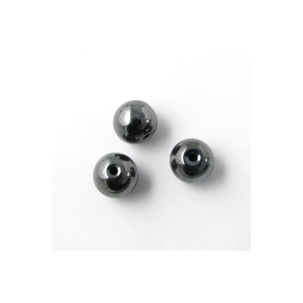 Hematit, rund perle, metallisk grå, 8 mm, 6 stk.