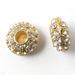 Vergoldete Dekoperle, gro&szlig;, rund, flach, klare Kristalle, 15x7 mm