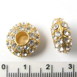 Vergoldete Dekoperle, gro&szlig;, rund, flach, klare Kristalle, 15x7 mm