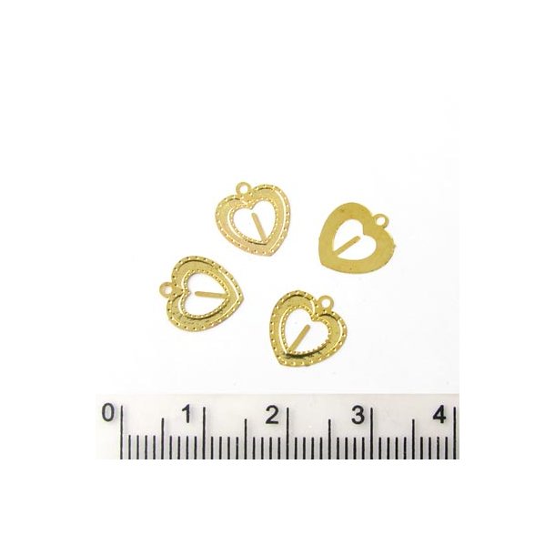 Silhuet-vedhæng, gyldent hjerte med perlestift i midten til små perler, 11x10 mm, 30 stk.