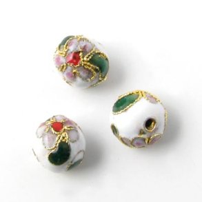 Cloisonn-Perle, emaillierte Perle mit Muster, wei, 10 mm, B-grade, 2 Stk.