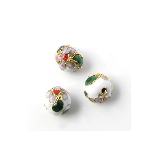 Cloisonn-Perle, emaillierte Perle mit Muster, wei, 10 mm, B-grade, 2 Stk.