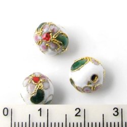 Cloisonn-Perle, emaillierte Perle mit Muster, wei, 10 mm, B-grade, 2 Stk.