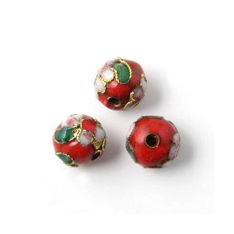 Cloisonne perle, emaljeret perle med møsnter, rød, rund 10 mm, 2 stk.