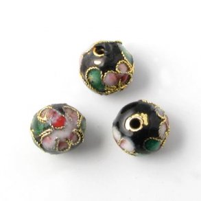 Cloisonné Perlen, schwarz, rund, 10 mm, 2 Stk.