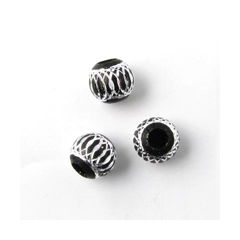 Aluminium perle, sort/s&oslash;lvfarvet, stort hul, 8 mm, 4 stk