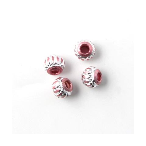 Aluminium perle, pink/s&oslash;lvfarvet, stort hul, 6 mm, 4 stk.