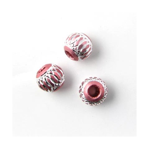 Aluminium perle, pink/s&oslash;lvfarvet, stort hul, 8 mm, 4 stk.