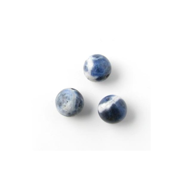 Sodalit, blå-hvid spættet rund perle, 10 mm, 6 stk