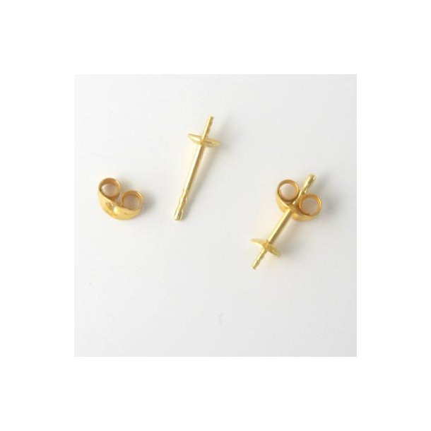 Earstuds with peg and 4mm cup, gold-plated silver, 11x4x0,9mm, 2pcs