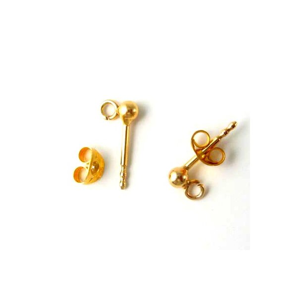 Earstuds with 3mm ball and open eye, gold-plated silver, 2pcs.