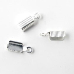 Endklemme f&uuml;r 2,5-3 mm Lederband u.&auml;., versilbertes Messing, gerillt, 13mm, 6 Stk