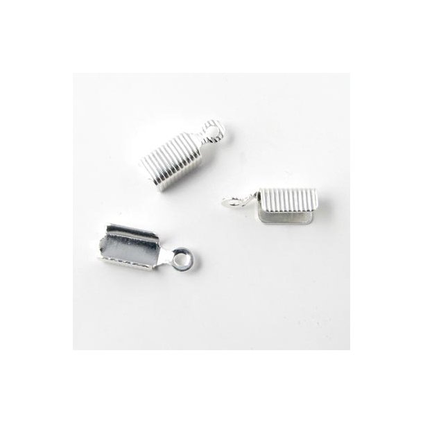 Crimp cord end, for 2.5-3mm leather cords etc. silver-plated brass, grooved, 13mm, 6pcs