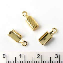 Cord end, fold-over, for leather cord, gilded brass, grooved, 13mm, 6 pcs