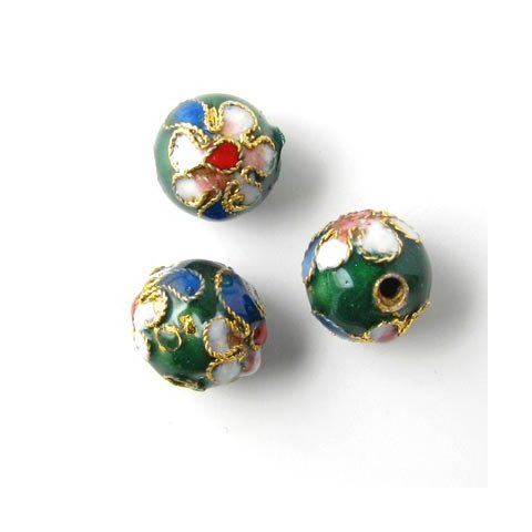 Cloisonne perle, mrk grn, rund 10 mm, 2 stk.