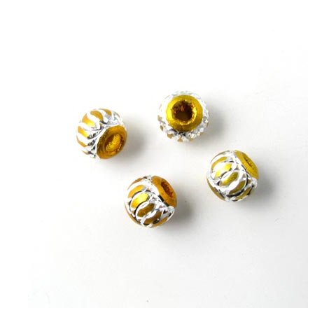Aluminium perle, gul/s&oslash;lvfarvet, 6 mm, 4 stk