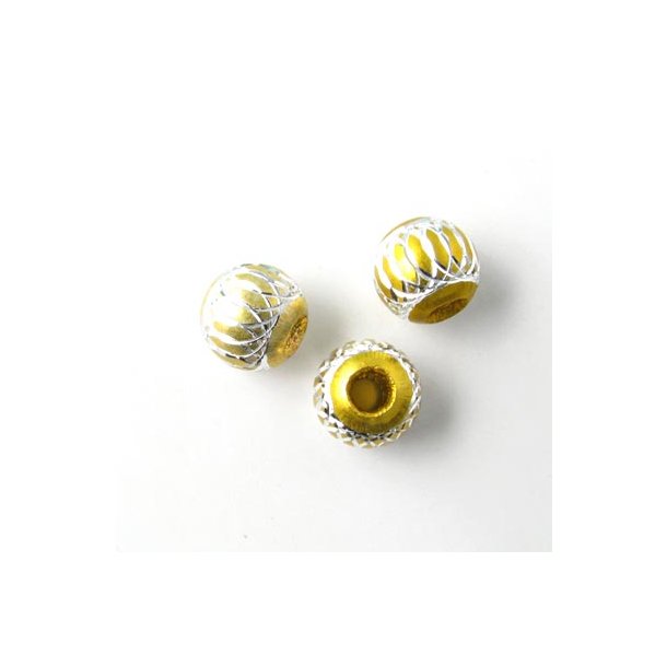 Aluminium perle, gul/s&oslash;lvfarvet, 8 mm, 4 stk