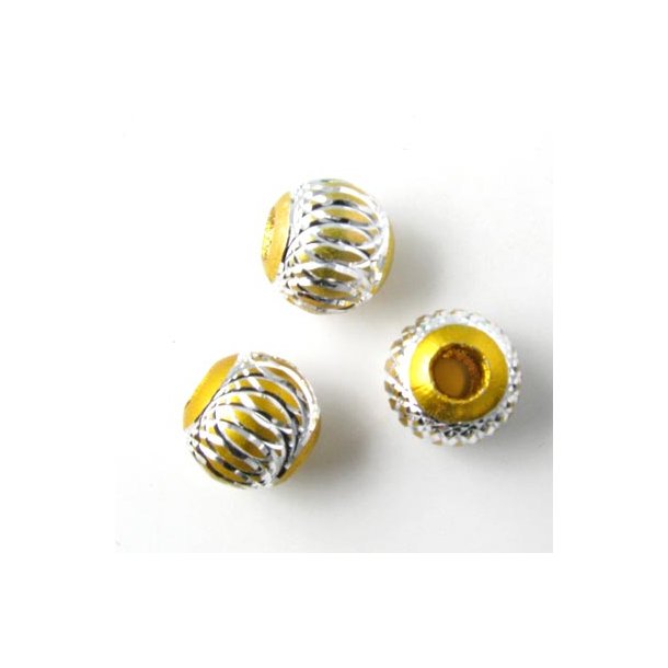 Aluminium perle, gul/s&oslash;lvfarvet, 10 mm, 2 stk