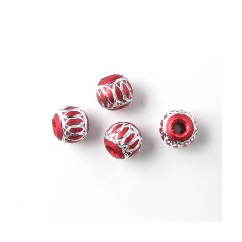 Aluminium perle, rød/sølvfarvet, stort hul, 6 mm, 4 stk.