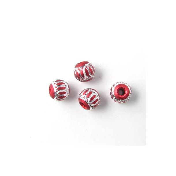 Aluminium-Perlen, rot, silberfarben, großes Loch, 6 mm, 4 Stk.