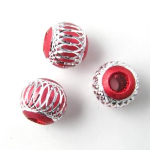 Aluminium bead, red/silver-coloured, large hole, 8mm, 4pcs.