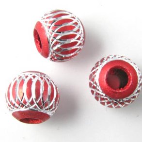 Aluminium bead, red/silver-coloured, large hole, 12mm., 2 pcs.