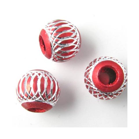 Aluminium perle, rød/sølvfarvet, stort hul, 12 mm, 2 stk.