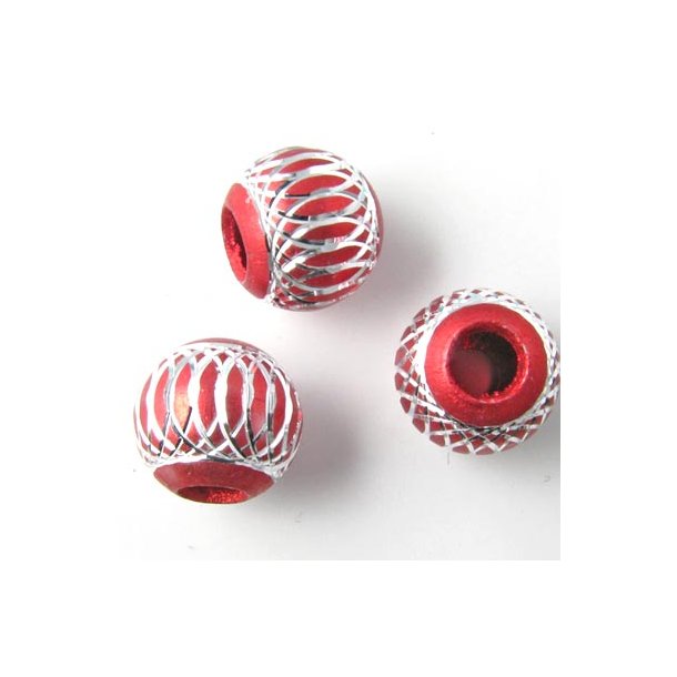 Aluminium perle, rød/sølvfarvet, stort hul, 12 mm, 2 stk.