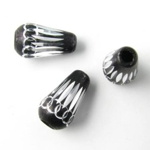 Aluminium bead, drop-shaped, black/silver-coloured, 14.5x8mm.