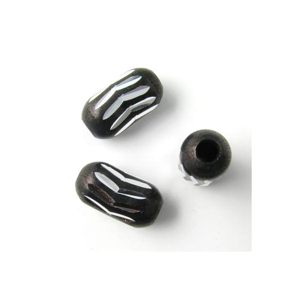 Aluminium perle, afrundet r&oslash;r, sort/s&oslash;lvfa, 15x8mm, 4 stk