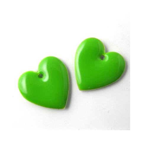 Enamel charm, green heart, 16x16mm, 2pcs.