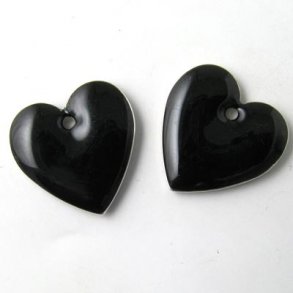 Enamel charm, black heart, 16x16mm, 2pcs.