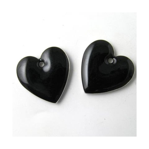Enamel charm, black heart, 16x16mm, 2pcs.