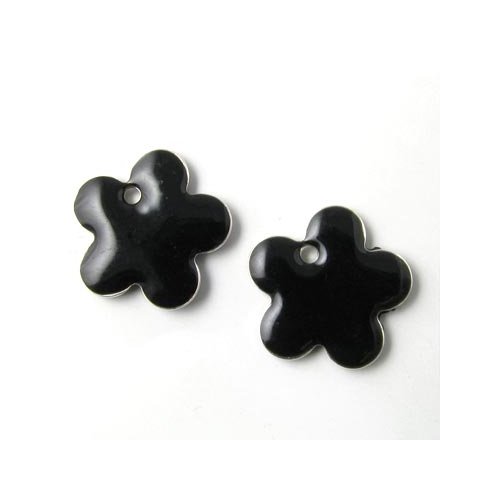 Enamel charm, black flower, 15mm, 2pcs.
