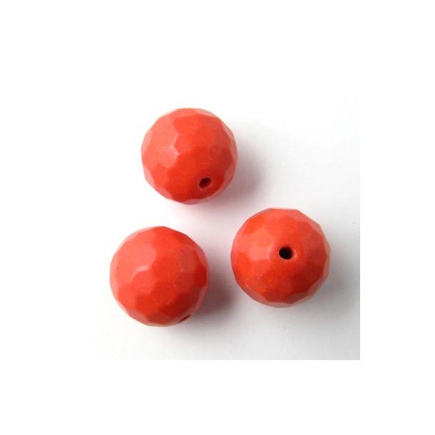 Coral bead, faceted, round, orange-red, 12mm.