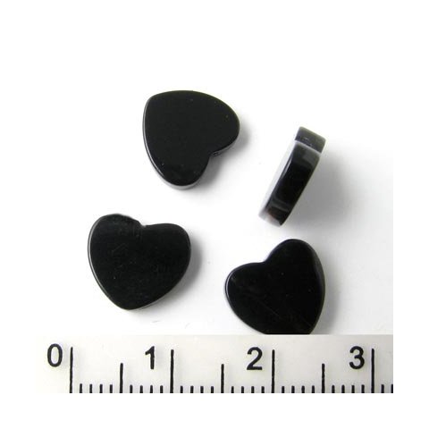 Onyx, hjerte, langsboret fra kløft til spids, sort, 10x10x3 mm, 6 stk