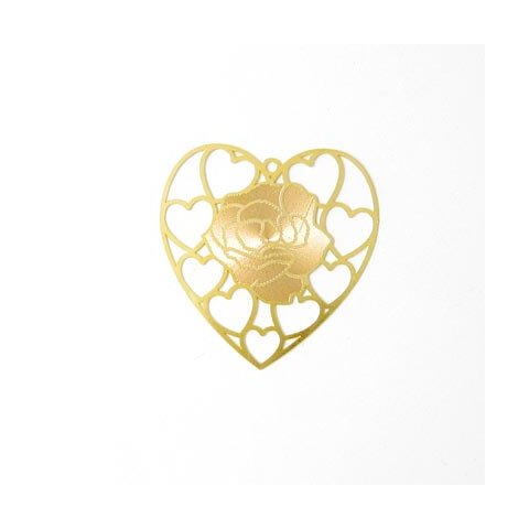 Silhuet-vedhæng, gylden, hjerte med rose, stor variant, 33x32 mm, 4 stk.