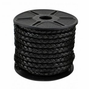 Leather cord, braided, black, 8mm, 10m (complete reel)