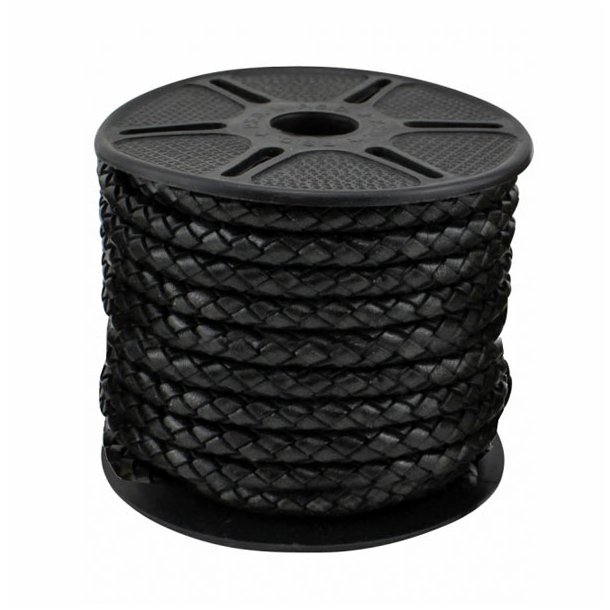Leather cord, braided, black, soft quality, 8mm, 10m (complete reel)