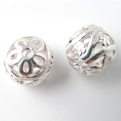 2pcs., silver-plated, flower decorated bead, 15mm, 2pcs.