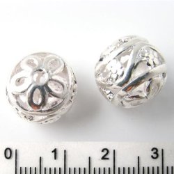 2pcs., silver-plated, flower decorated bead, 15mm, 2pcs.
