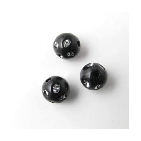 Acryl, rund perle, sort m. krystal, 8 mm. 10 stk.
