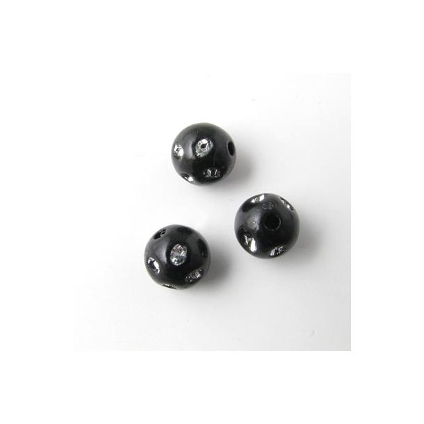 Acryl, runde Perlen, schwarz, mit Kristall, 8 mm,&nbsp;10 Stk.